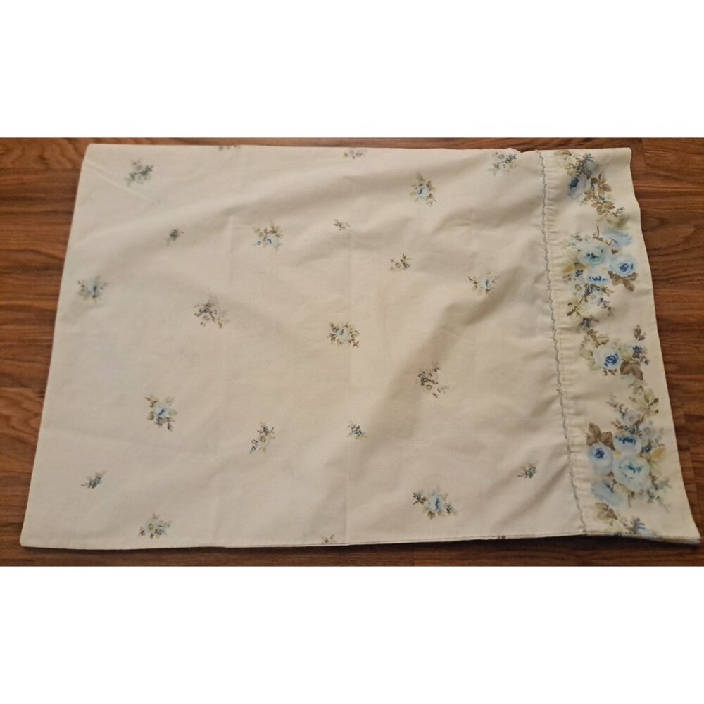 Vintage Sears Pillowcase Blue Floral Roses Lace Edge Cottage Standard Country